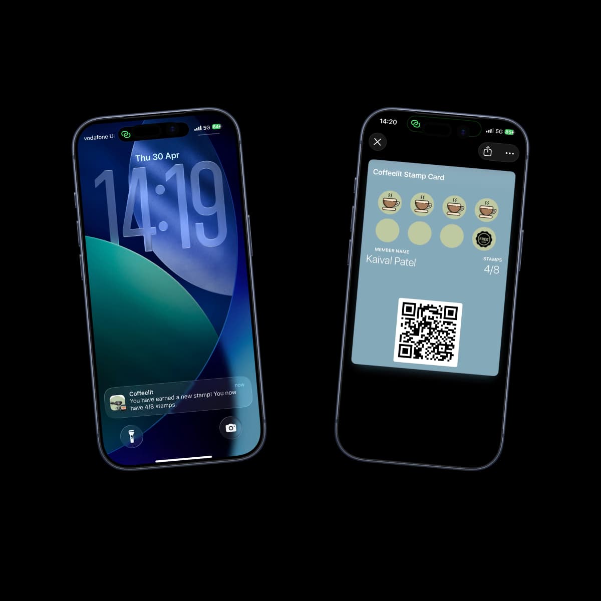 KN Loyalty app on iPhone showing stamp card and push notification